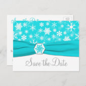 Aqua, White, Gray Snowflakes Save the Date Card (Front/Back)