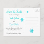 Aqua, White, Gray Snowflakes Save the Date Card (Back)