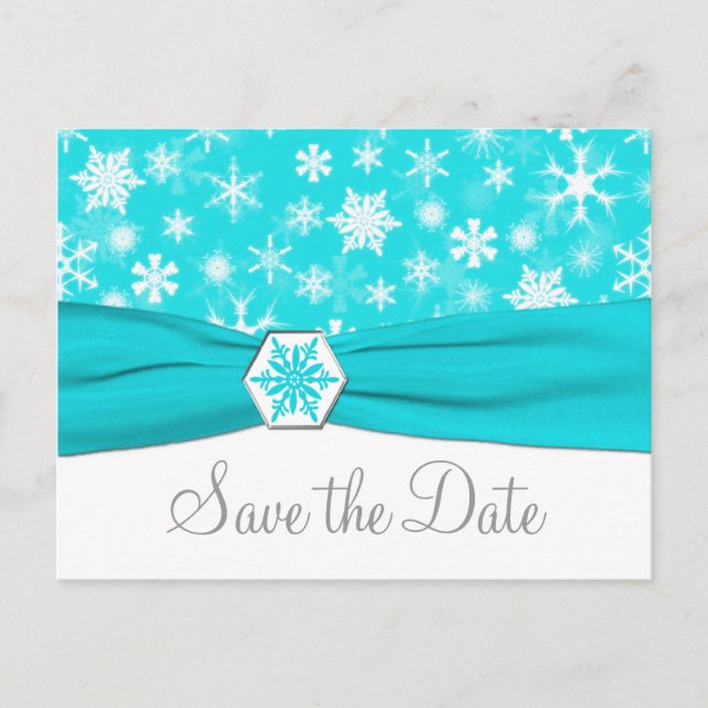 Aqua, White, Gray Snowflakes Save the Date Card (Front)