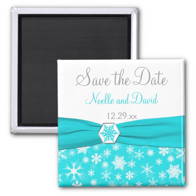 Aqua, White, Gray Snowflakes Save the Date Magnet (Front)