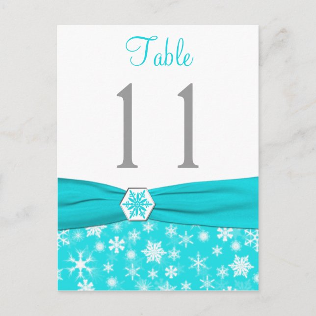 Aqua, White, Gray Snowflakes Table Number Card (Front)