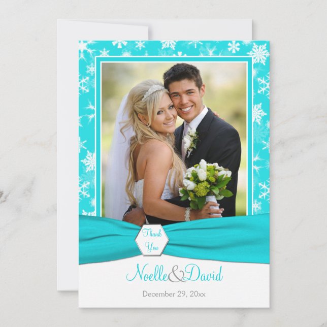 Aqua, White, Gray Snowflakes Thank You Card - Flat (Front)