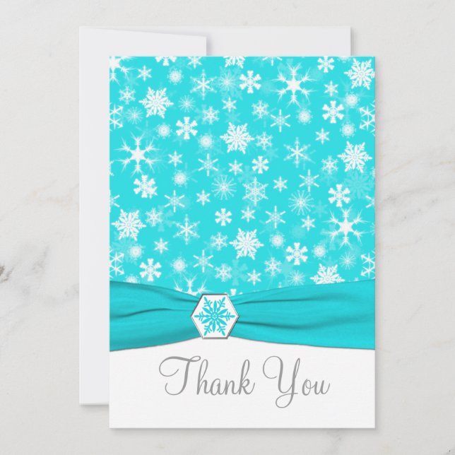 Aqua, White, Gray Snowflakes Thank You Card-Flat Invitation (Front)