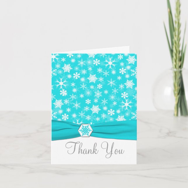 Aqua, White, Gray Snowflakes Thank You Note Card (Front)
