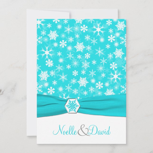 Aqua, White, Gray Snowflakes Wedding Invitation (Front)