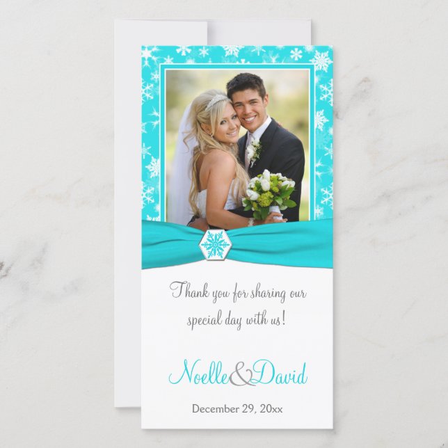 Aqua, White, Gray Snowflakes Wedding Photo Card (Front)