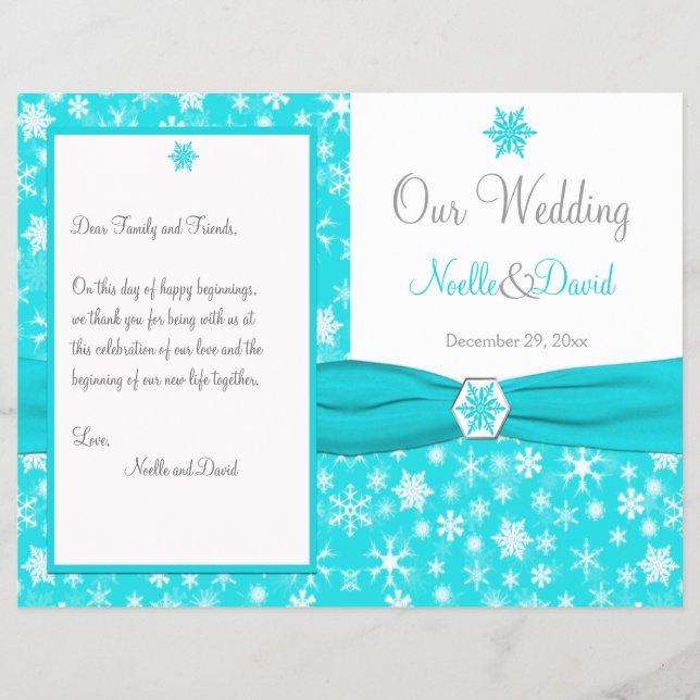Aqua, White, Gray Snowflakes Wedding Program (Front)