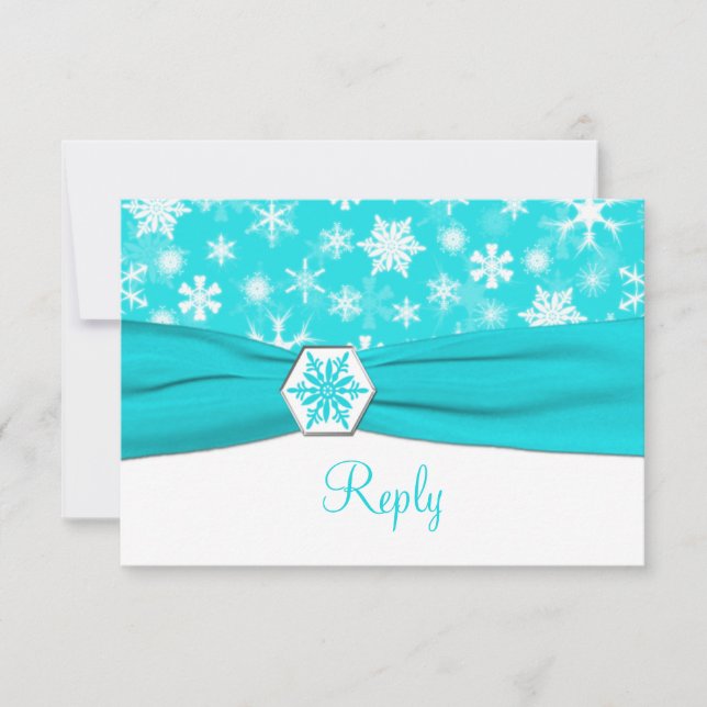Aqua, White, Gray Snowflakes Wedding Reply Card (Front)