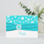 Aqua, White, Gray Snowflakes Wedding Reply Card (Standing Front)