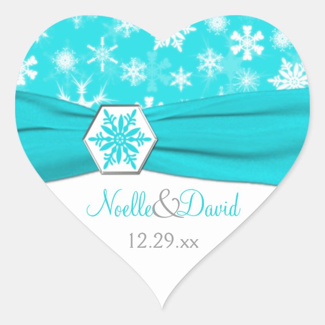 Aqua, White, Gray Snowflakes Wedding Sticker (Front)