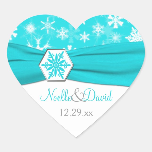 Aqua, White, Gray Snowflakes Wedding Sticker (Front)