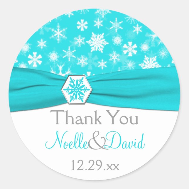 Aqua, White, Gray Snowflakes Wedding Sticker (Front)