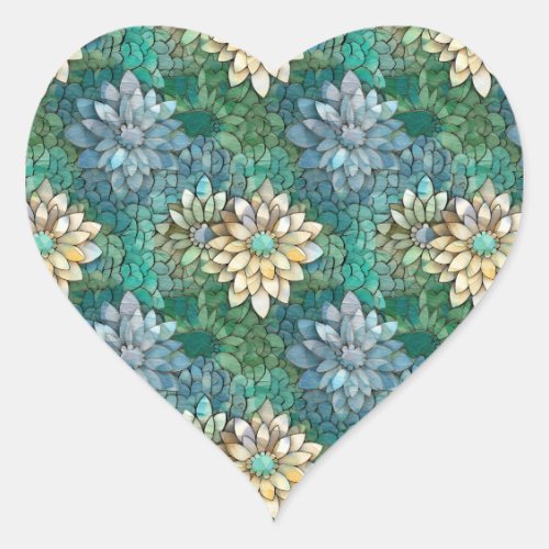 Aqua White Green Floral Heart Sticker