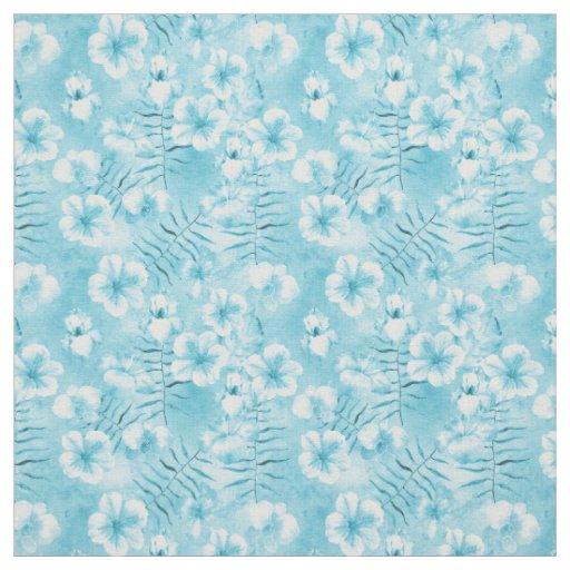 Aqua White Hibiscus Orchids Tropical Floral Fabric