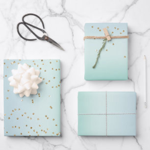 Aqua White Mint Gold Confetti Christmas Wrapping Paper Sheets