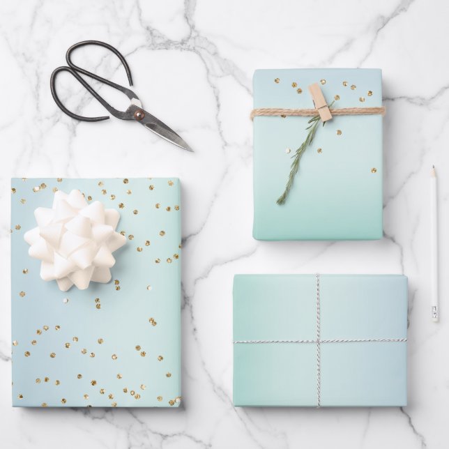 Aqua White Mint Gold Confetti Christmas Wrapping Paper Sheets (Front)
