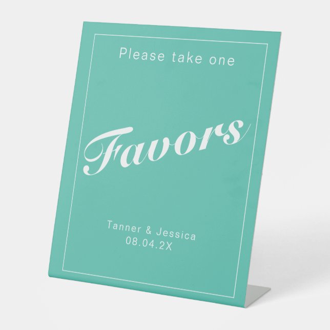 Aqua & White Modern Minimalist Wedding Favor Pedestal Sign (Front)