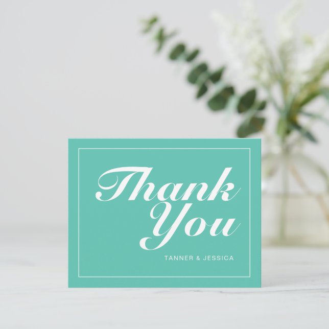 Aqua & White Modern Minimalist Wedding   Thank You Card (Standing Front)