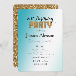 Aqua White Ombre Gold Glitter Invitation