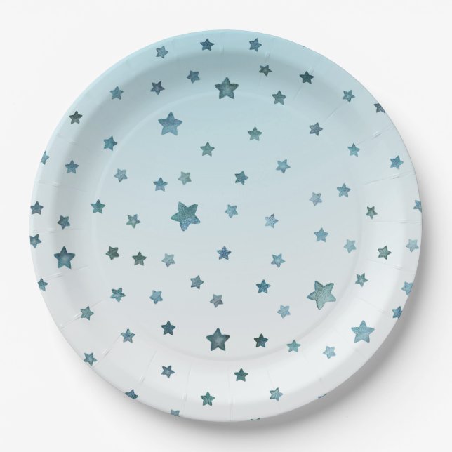 Aqua White Ombre Stars Paper Plates (Front)