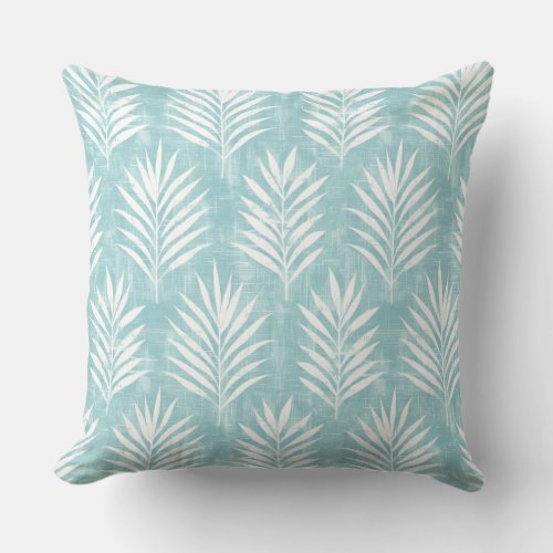 Aqua  White Palm Leaf Throw Pillow