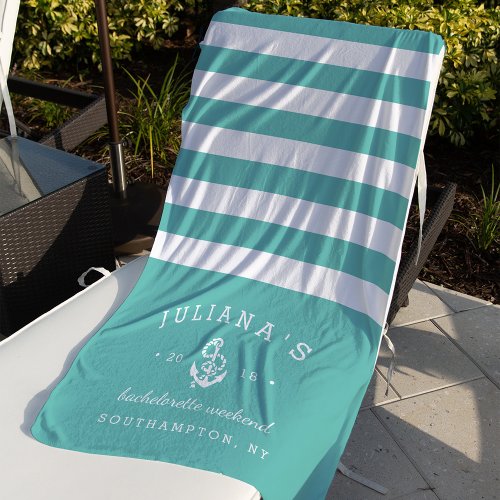 Aqua  White Personalized Bachelorette Weekend Beach Towel