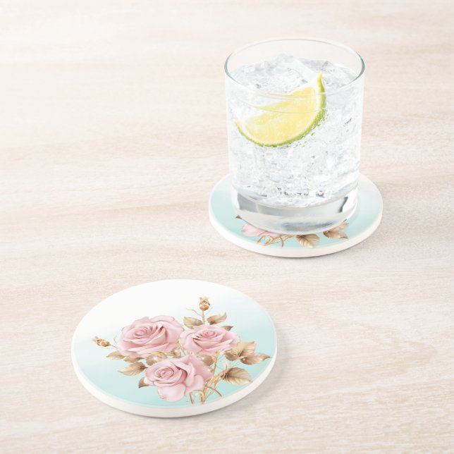 Aqua White Pink Gold Rose Floral Coaster (Side)