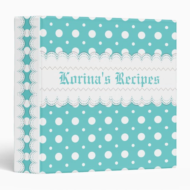 Aqua, white polka dot & scalloped borders recipe 3 ring binder (Front/Spine)