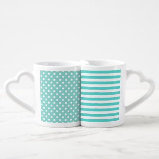 AQUA & WHITE POLKA DOTS AND STRIPES COFFEE MUG SET