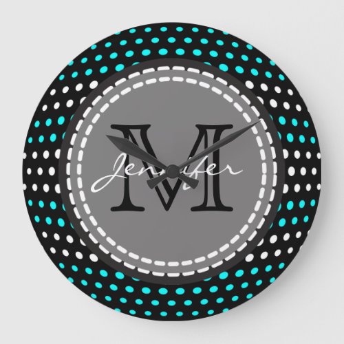 Aqua  White Polka Dots Pattern Monogram Large Clock