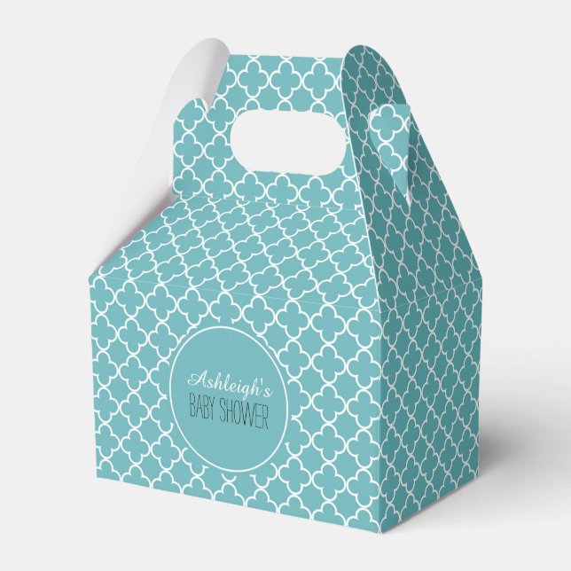 Aqua White Quatrefoil Baby Shower Favor Boxes (Front Side)