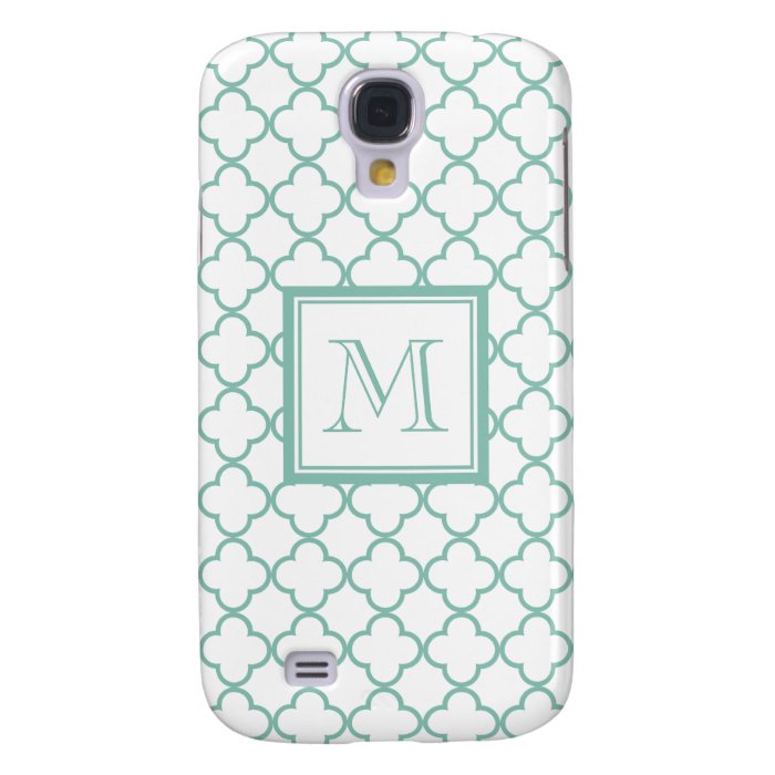 Aqua White Quatrefoil  Your Monogram Samsung Galaxy S4 Cover