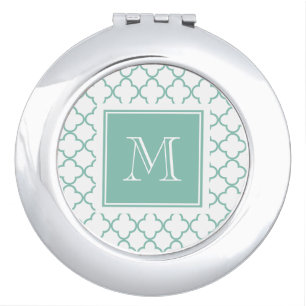 Aqua White Quatrefoil Your Monogram Compact Mirror