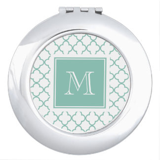 Aqua White Quatrefoil | Your Monogram Compact Mirror
