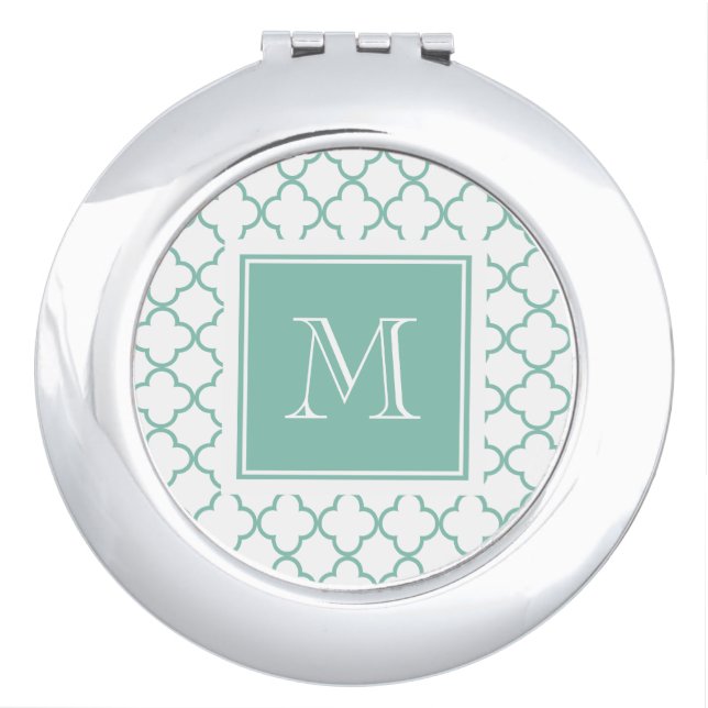 Aqua White Quatrefoil | Your Monogram Compact Mirror (Front)