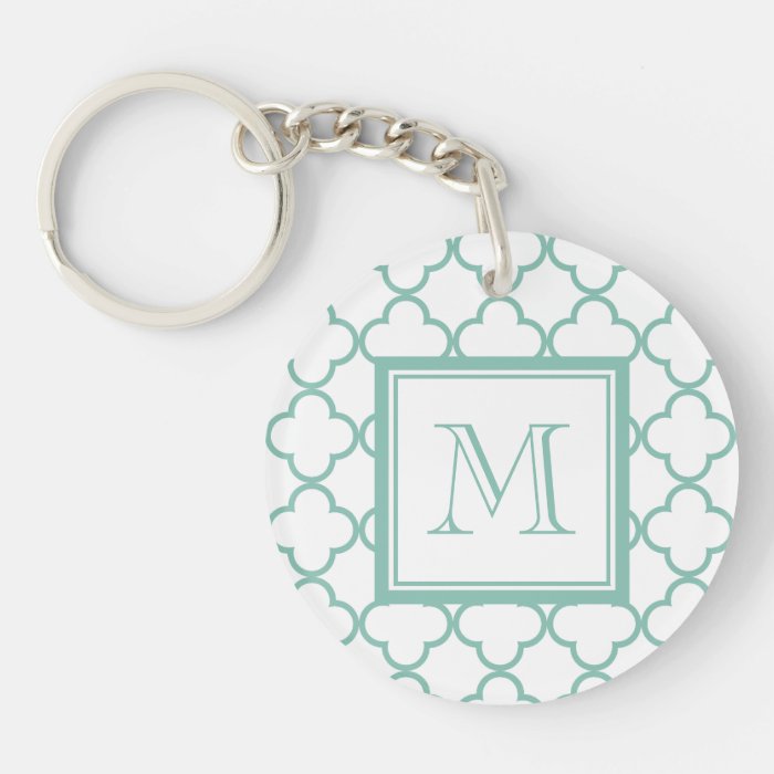 Aqua White Quatrefoil  Your Monogram Key Chain