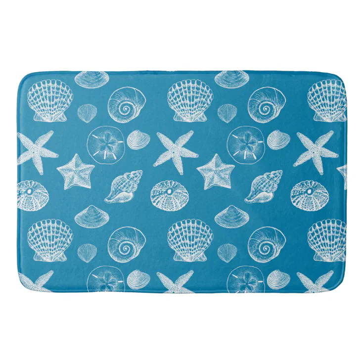 Aqua White Shells Bathroom Mat | Zazzle