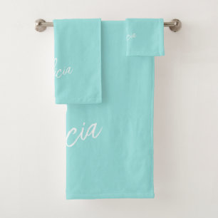 Aqua white signature script name personalized bath towel set