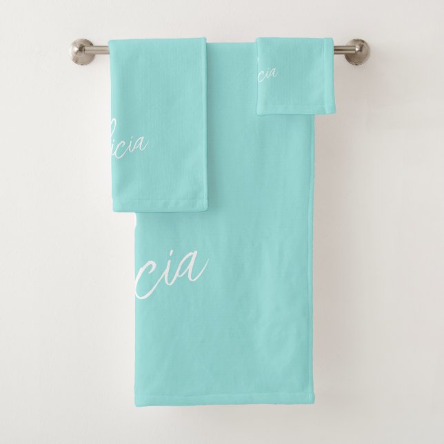Aqua white signature script name personalized bath towel set (Insitu)