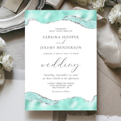 Aqua White Silver Foil Glitter Wedding Invitation