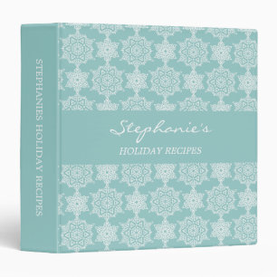 Aqua White Snowflake Christmas Holiday Recipe 3 Ring Binder