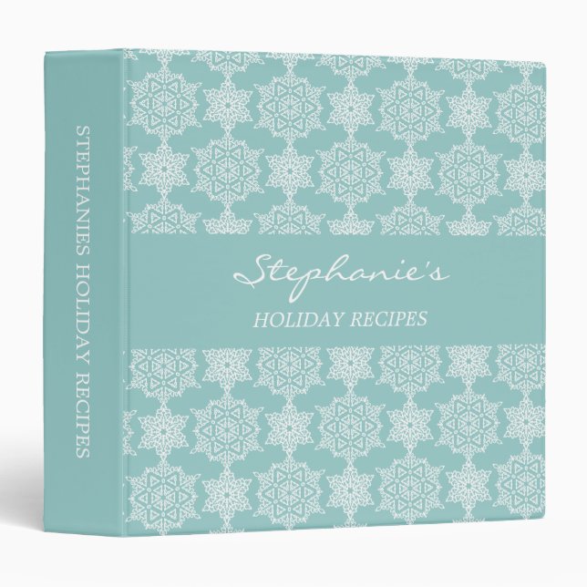 Aqua White Snowflake Christmas Holiday Recipe 3 Ring Binder (Front/Spine)
