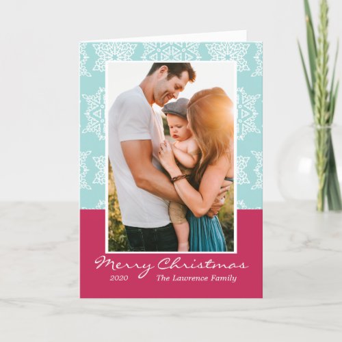 Aqua White Snowflakes Merry Christmas Photo Holiday Card