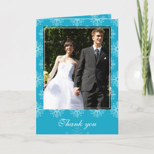 Aqua + white snowflakes winter wedding thank you card