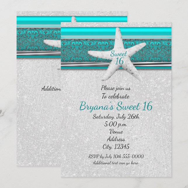 Aqua & White Starfish Beach Sweet 16 Invitations (Front/Back)