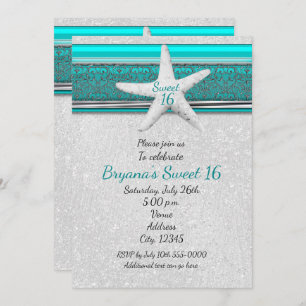 Aqua & White Starfish Beach Sweet 16 Invitations