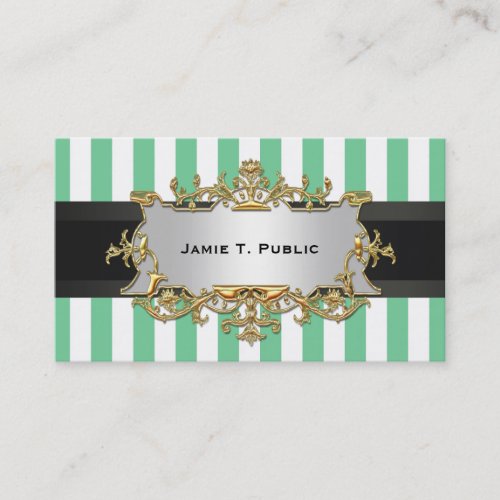 Aqua White Stripe Black Ribbon Gold Framed Label Business Card