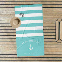 Aqua &amp; White Stripe Boat Name Beach Towel