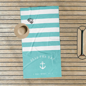 Aqua & White Stripe Boat Name Beach Towel