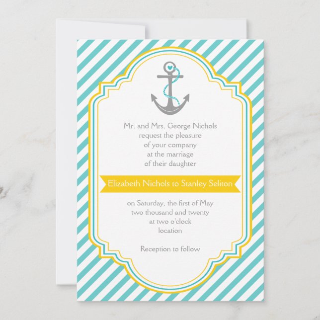 Aqua, white stripes & anchor nautical wedding invitation (Front)